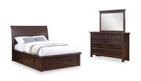  Ensemble de chambre à coucher Sonoma 5 pièces avec lit de rangement, commode et miroir, brun manguier - format lit double