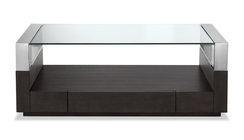 Table à café moderne Perrin de 50 po avec dessus de table en verre, rangement et tablette - graphite