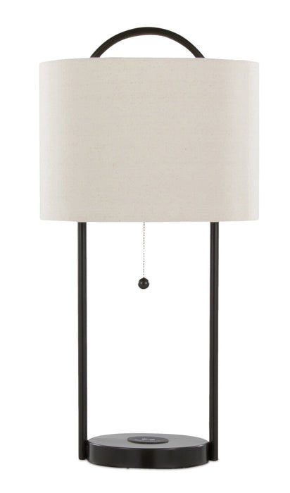 Lampe de table Orbit de 28 po en métal avec recharge sans fil et abat-jour en lin naturel – bronze huilé