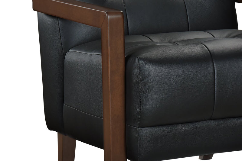 Fauteuil d’appoint Enzo de 26 po en cuir véritable avec capitonnage en biscuit, accoudoirs rectilignes et pattes en bois - noir