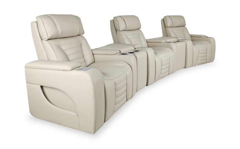 Sofa sectionnel à inclinaison électrique Zen 5 pièces de style cinéma maison en tissu d’apparence cuir avec massage et 2 consoles de rangement - abricot