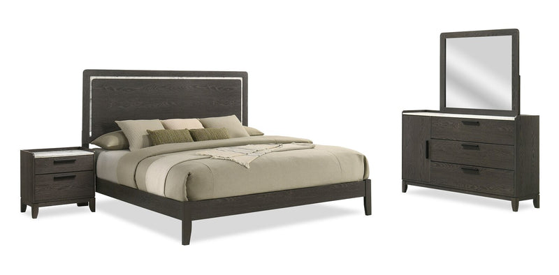 Ensemble de chambre à coucher Sable gris foncé 6 pièces avec lit, commode, miroir et table de nuit - format très grand lit