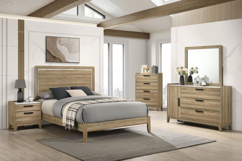 Ensemble de chambre à coucher Sable brun clair 6 pièces avec lit, commode, miroir et table de nuit - format grand lit