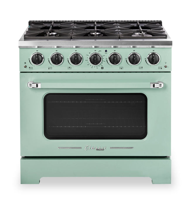 Cuisinière à gaz Classic Rétro par Unique de 36 po et de 5,2 pi3 à 6 brûleurs avec convection - vert menthe estival - UGP-36CR LG