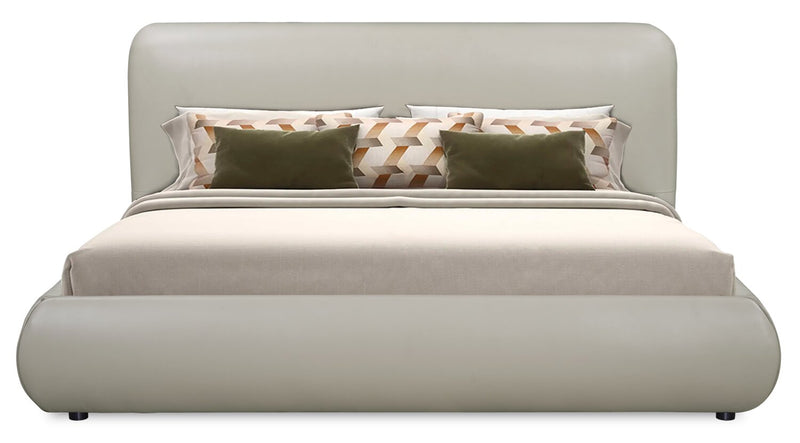 Lit plateforme rembourré moderne Luka en tissu de cuir végétalien taupe - format très grand lit