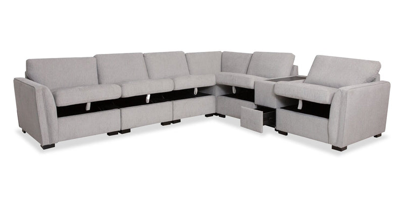 Sofa sectionnel Vault 7 pièces avec 5 fauteuils de rangement et console de rangement avec USB - gris