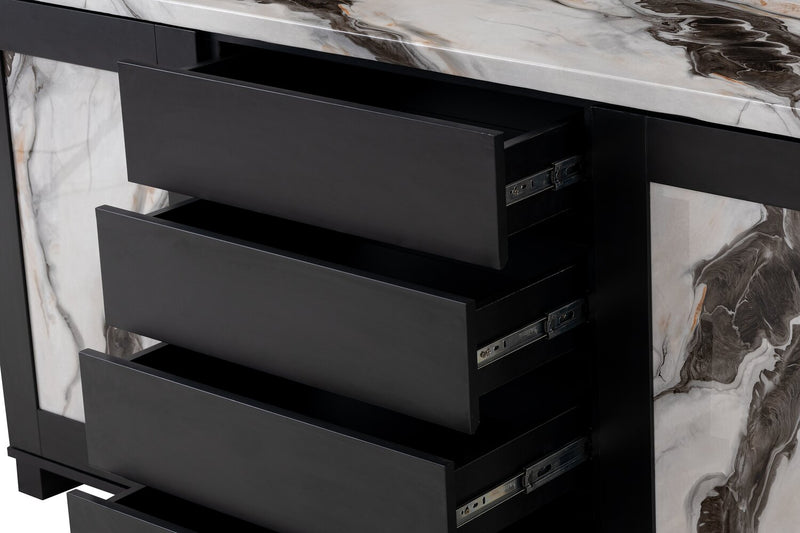 Desserte de salle à manger Vega de 66 po (L) avec rangement et 4 tiroirs - noire et blanche