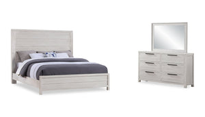 Ensemble de chambre à coucher Haven 5 pièces blanc avec lit à panneaux, commode et miroir - format très grand lit