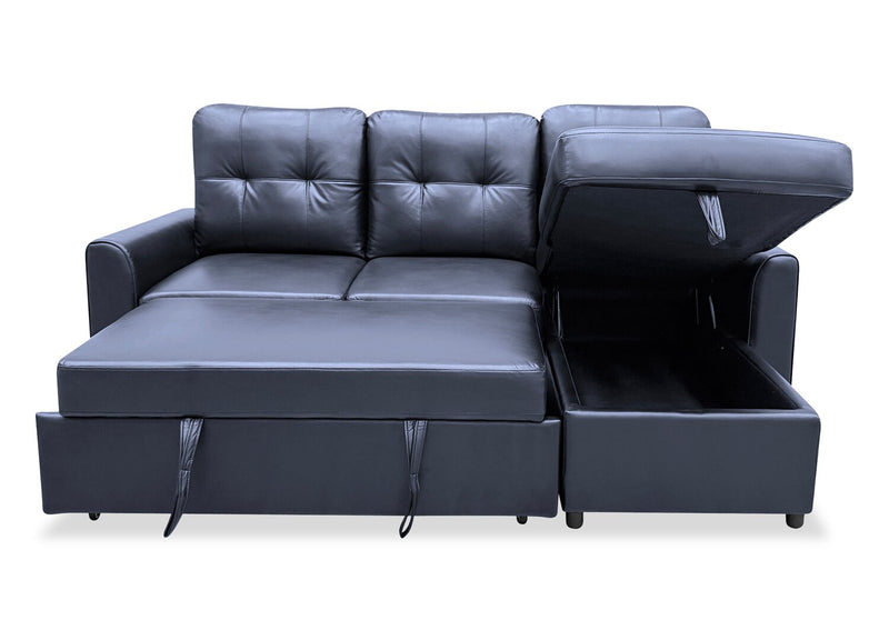 Sofa-lit sectionnel de droite Carter 2 pièces en tissu d’apparence cuir avec fauteuil long de rangement - noir