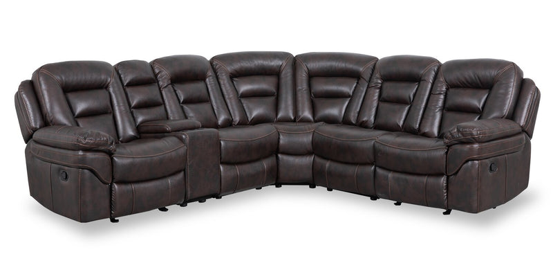 Sofa sectionnel inclinable Leo 6 pièces en tissu d’apparence cuir avec console de rangement et 2 porte-gobelets - brun noyer