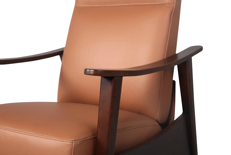 Fauteuil d’appoint à inclinaison par poussée Aydin de 27,5 po en cuir véritable avec accoudoirs et pattes en bois - orange chameau