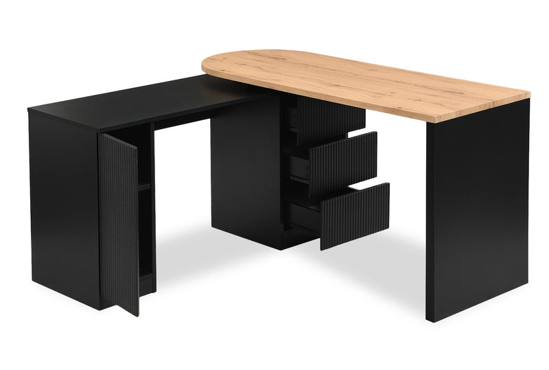 Bureau convertible en forme de L Ridley 55.1 po avec 3 tiroirs - noir et chêne