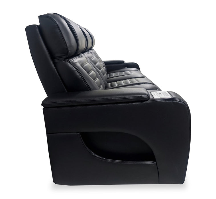 Sofa de massage à inclinaison électrique Zen de 86 po en tissu d’apparence cuir avec appuie-têtes électriques et console rabattable - noir