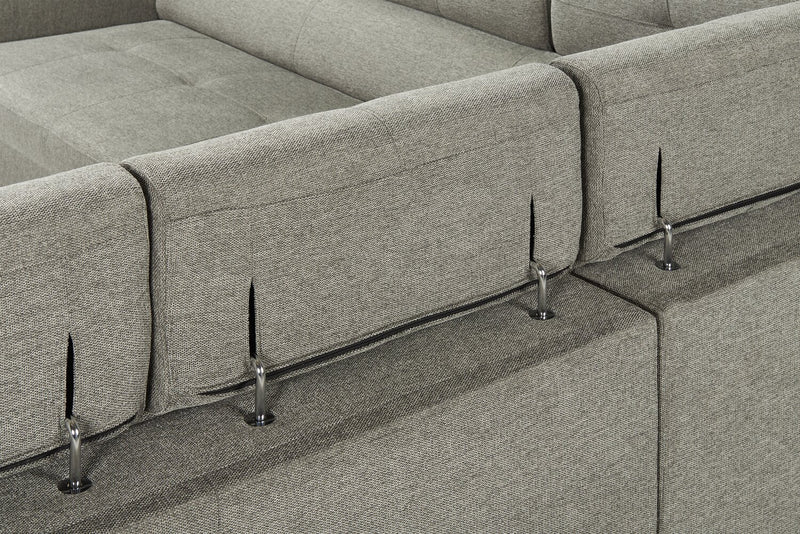 Sofa sectionnel Savvy 3 pièces en tissu d’apparence lin avec appuie-têtes réglables, porte-gobelets et port USB - gris
