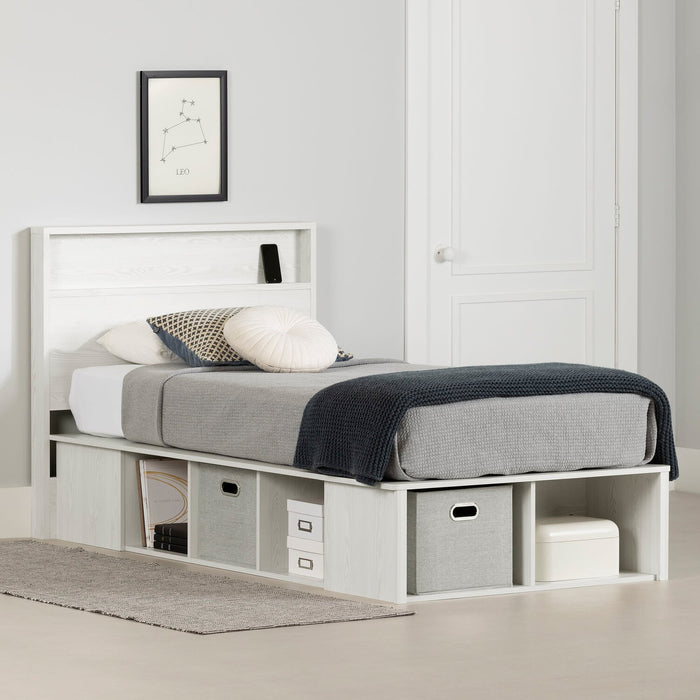 Ensemble lit plateforme et tête de lit à panneau Everley avec rangement et paniers intégrés, blanc - format lit simple