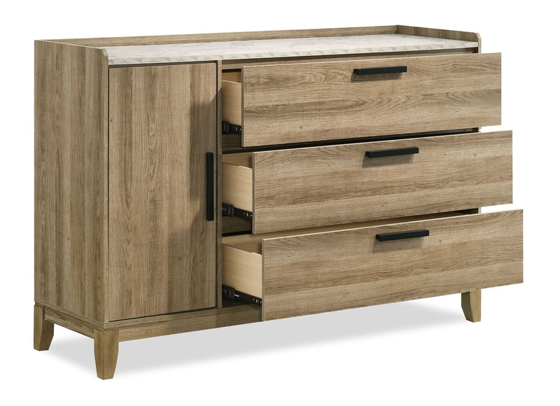 Commode de chambre à coucher Sable de 59 po (L) x 37 po (H) à 3 tiroirs avec armoire de rangement - brun clair