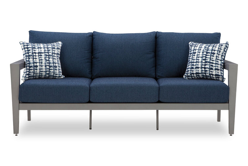 Ensemble Barrie 4 pièces pour la terrasse à l’extérieur avec sofa, 2 fauteuils et table - aluminium - bleu et gris