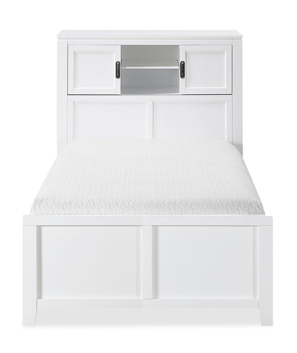 Lit plateforme Quinn avec tête de lit bibliothèque, bureau intégré et tabouret, blanc - format lit simple