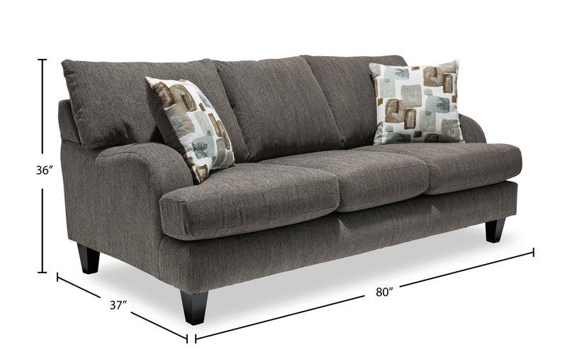 Sofa Nofia de 80 po fabriqué au Canada en tissu de chenille avec 2 coussins décoratifs et pattes en bois - gris anthracite