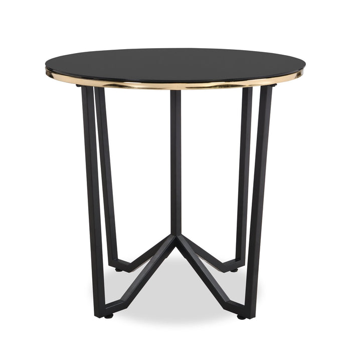 Table de bout ronde moderne Xander de 24 po avec dessus en verre - noire et dorée avec pattes en métal