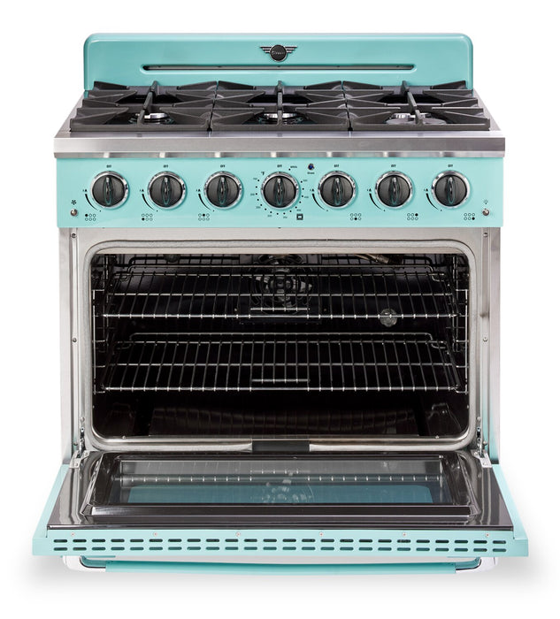Cuisinière à gaz Classic Rétro par Unique de 36 po et de 5,2 pi3 à 6 brûleurs avec convection - turquoise brume marine - UGP-36CR T