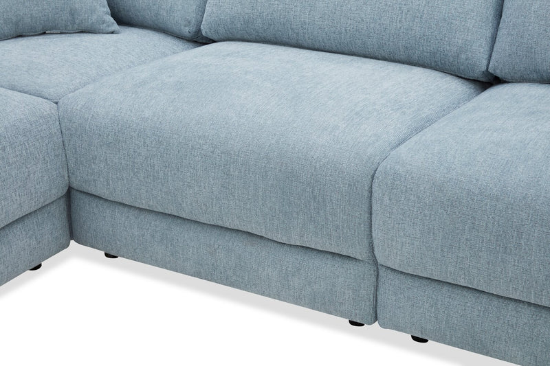 Sofa sectionnel Alora 5 pièces en tissu avec 3 coussins décoratifs et accoudoirs enroulés - bleu