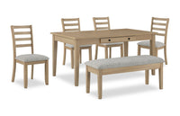 Ensemble de salle à manger Cove 6 pièces en mélamine avec table de 66 po (L), tiroirs de rangement, banc et 4 chaises - naturel et gris
