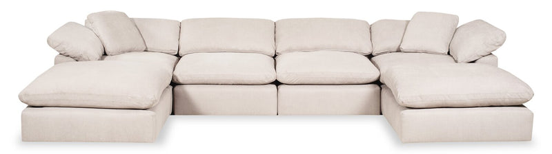 Sofa sectionnel modulaire Eclipse 6 pièces en tissu d’apparence lin avec poufs et coussins réversibles en duvet et plumes - blanc lin