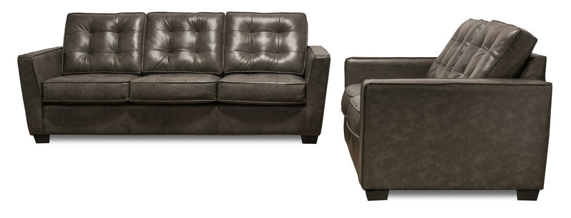 Sofa Clark de 85 po en cuir véritable avec capitonnage à boutons - anthracite 