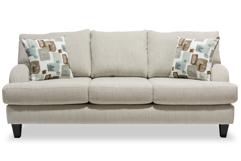 Sofa Nofia de 80 po fabriqué au Canada en tissu de chenille avec 2 coussins décoratifs et pattes en bois - beige lin