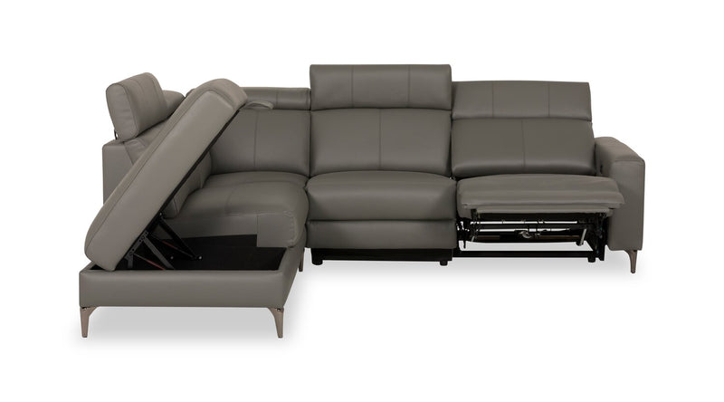 Sofa sectionnel de gauche à inclinaison électrique Valentino 3 pièces en cuir véritable avec appuie-têtes réglables - gris