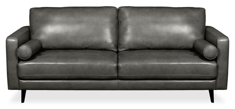 Sofa Edge de 86 po en cuir véritable avec pattes en bois et coussins de dossier amovibles - gris