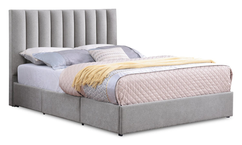 Base de lit de rangement Amos rembourrée en tissu gris avec 3 tiroirs intégrés - format lit double