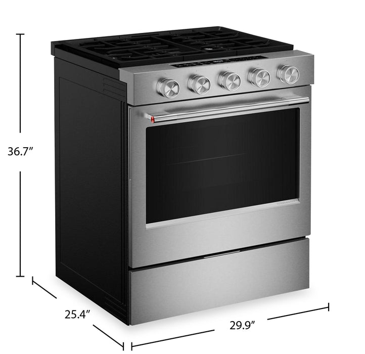 Cuisinière intelligente à gaz encastrée KitchenAid de 5,0 pi3 et de 30 po avec modes par convection - acier inoxydable résistant aux traces de doigts - KSGS330SPS