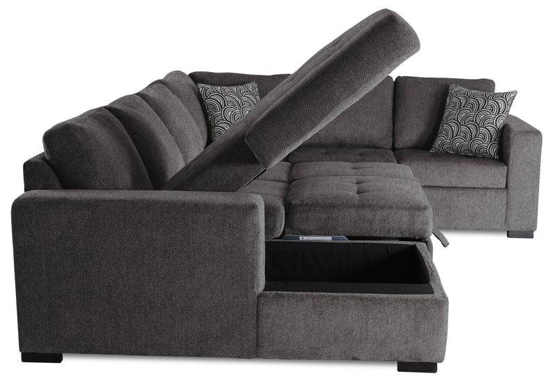 Sofa-lit sectionnel de gauche Legend 4 pièces fabriqué au Canada en tissu de chenille avec fauteuil long de rangement - brun étain