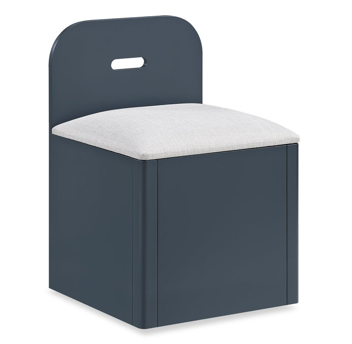Lit plateforme Quinn avec tête de lit bibliothèque, bureau intégré et tabouret, bleu - format lit double