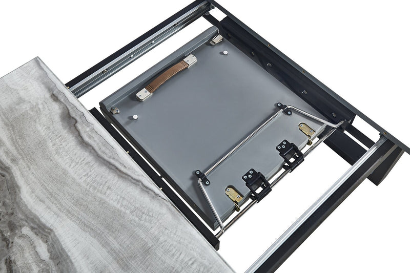 Table de salle à manger Ezra de 63 po à 79 po (L) avec rallonge papillon se rangeant, en métal, en verre et en imitation de marbre - blanche