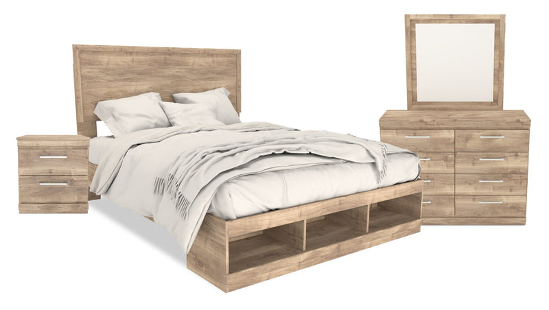 Ensemble de chambre à coucher Oakley 6 pièces fabriqué au Canada avec lit de rangement, commode, miroir et table de nuit - format grand lit