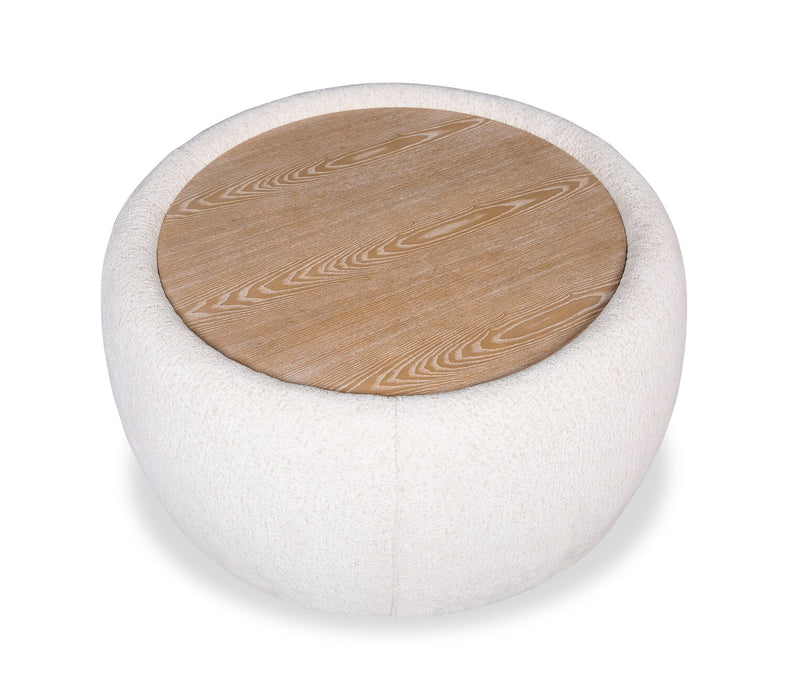Pouf table à café Rio de 36 po en tissu de chenille avec dessus et pattes en bois - blanc albâtre