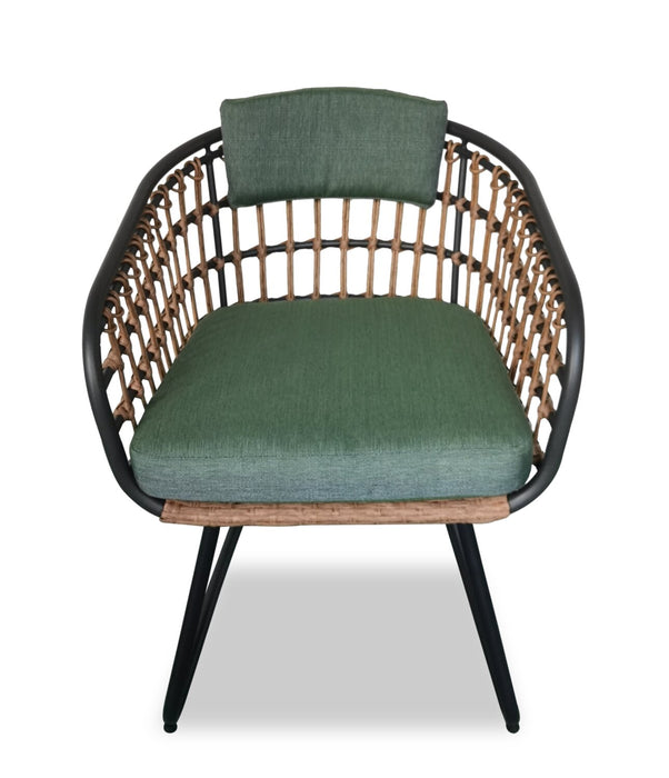 Ensemble Ibiza de Kort & Co. 5 pièces pour la terrasse à l’extérieur avec table ronde et 4 chaises - osier en résine tressé à la main, dessus de table en verre noir, résistant aux rayons UV et aux intempéries - gris foncé, naturel et vert