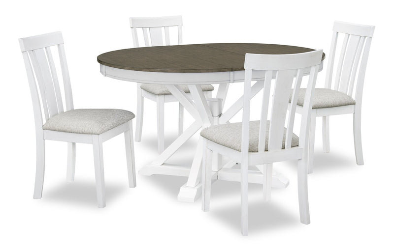 Ensemble de salle à manger Brook 5 pièces avec table ronde, rallonge de 42 po à 54 po (L) et 4 chaises - blanc et brun