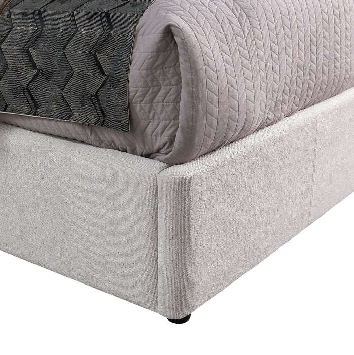 Lit plateforme rembourré Nico en tissu de polyester Taupe avec rangement et levage hydraulique - format très grand lit