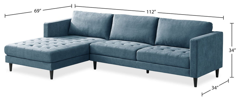 Sofa sectionnel de gauche Metro 2 pièces en tissu avec fauteuil long et coussins de siège capitonnés - bleu denim