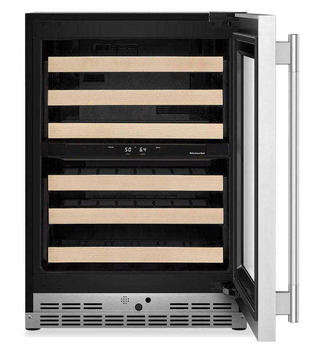 Cellier à vin KitchenAid de 24 po sous le comptoir avec grilles à extension complète à devant en bois - acier inoxydable -KUWR524SPS