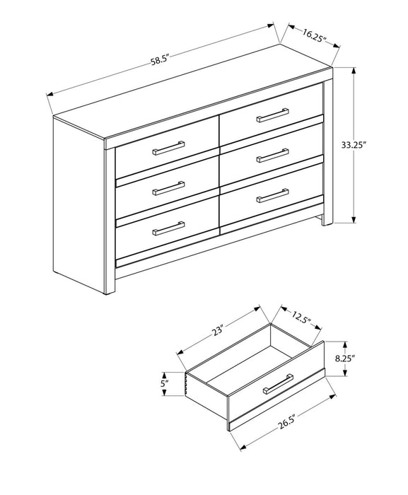 Commode de chambre à coucher Aspen de 59 po (L) x 33 po (H) à 6 tiroirs - grise