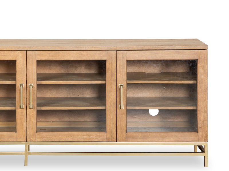 Meuble pour téléviseur moderne Cresset de 84 po en bois massif avec rangement et système de gestion des câbles pour téléviseurs jusqu’à 90 po - blé belge