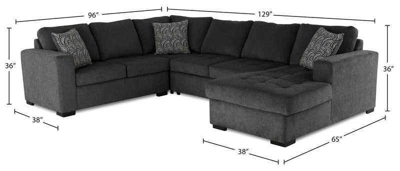 Sofa-lit sectionnel de droite Legend 4 pièces fabriqué au Canada en tissu de chenille avec fauteuil long de rangement - gris poivre