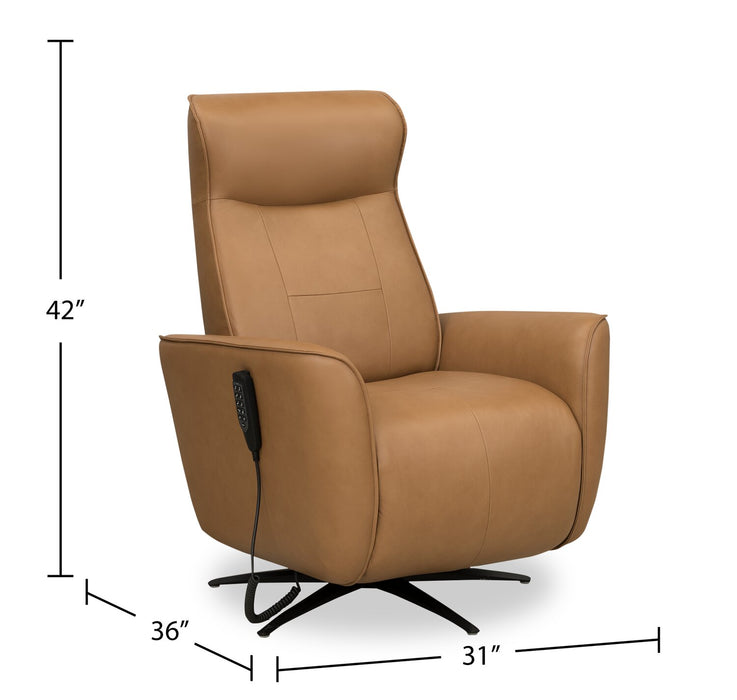 Fauteuil de massage à inclinaison électrique Serene de 31 po en cuir véritable avec appuie-tête électrique et siège chauffant - tan
