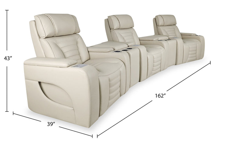 Sofa sectionnel à inclinaison électrique Zen 5 pièces de style cinéma maison en tissu d’apparence cuir avec massage et 2 consoles de rangement - abricot