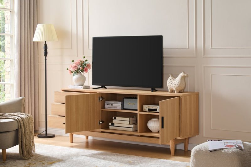 Meuble pour téléviseur moderne Kemper de 71 po avec rangement pour téléviseurs de jusqu’à 70 po - chêne récolte